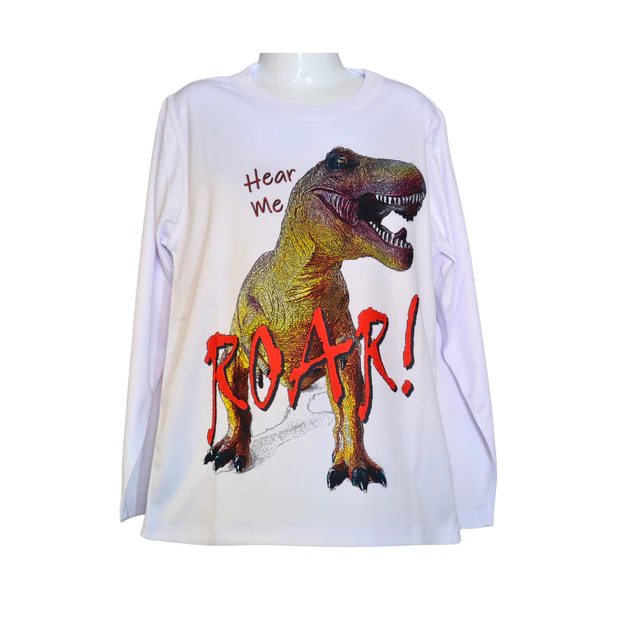 Long sleeve t shirt in white with Dinosaur design and words Hear Me Roar