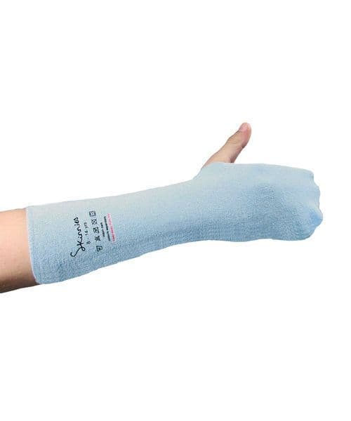 Open thumb mittens in pale blue