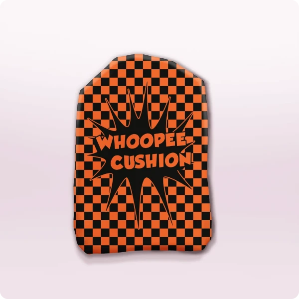 Orange Whoopie Cushion Stoma Bag Cover, with the text whoopee cushion in centre of checkerboard orange and black pattern