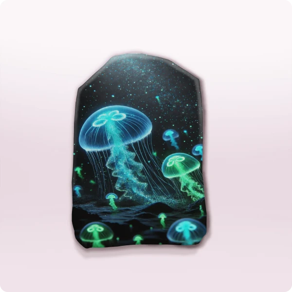 Bioluminescent Jellyfish Stoma Bag Cover with jellyfish in blue and green in a dark sea