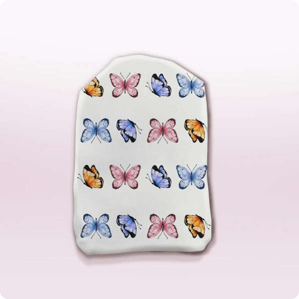 Butterfly Pattern Stoma Bag Cover with butterflies in pinks, lilacs and oranges.