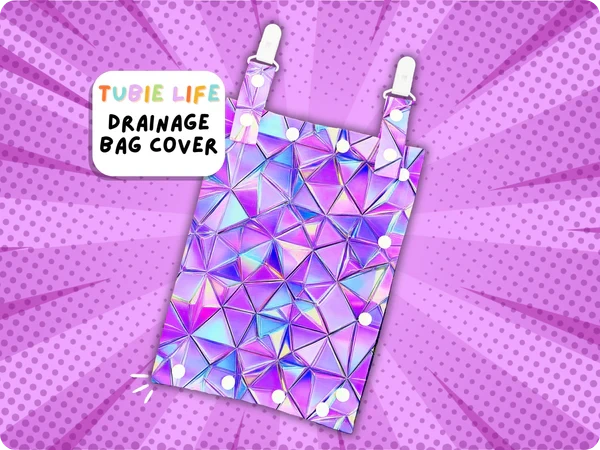 Catheter drainage bag cover with disco style purple and pink triangle pattern