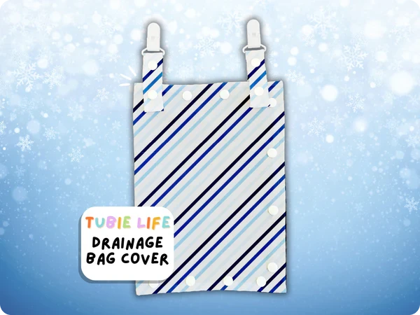 Catheter drainage bag cover with blue diagonal lines