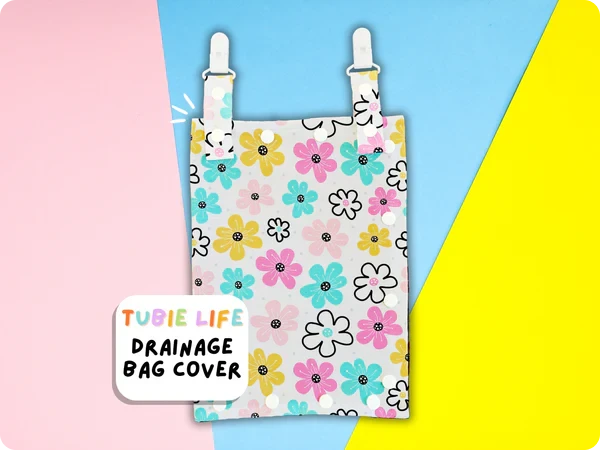 Catheter drainage bag cover with fun pastel flowers graphic pattern