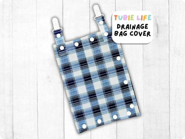 Catheter drainage bag cover with blue plaid tartan pattern