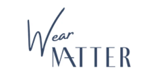 Wear Matter written in a combination of handwritten font and stylish uppercase font, in navy blue on a white background.